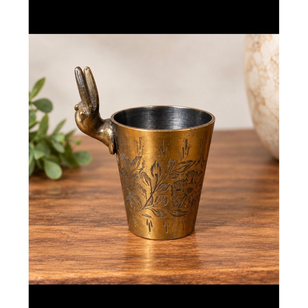 RARE Vintage MCM Etched Brass 2 finger  Shot Glass Peace sign jigger Barware